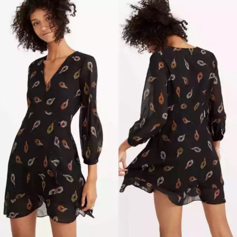 Madewell Long-Sleeve Poppy Wrap Dress, Black with Peacock Feathers Pattern